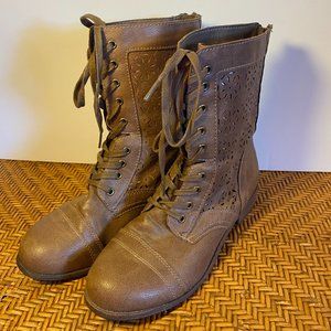 Rampage Lace Up Laser Cut Mid Calf Zip Boots
